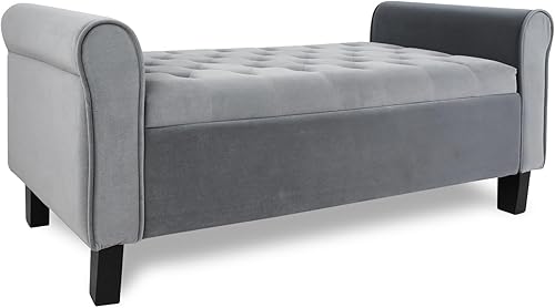 ECOMEX Banco de almacenamiento de terciopelo para dormitorio, banco de extremo de cama con diseño de ventana de brazo enrollado, banco grande gris