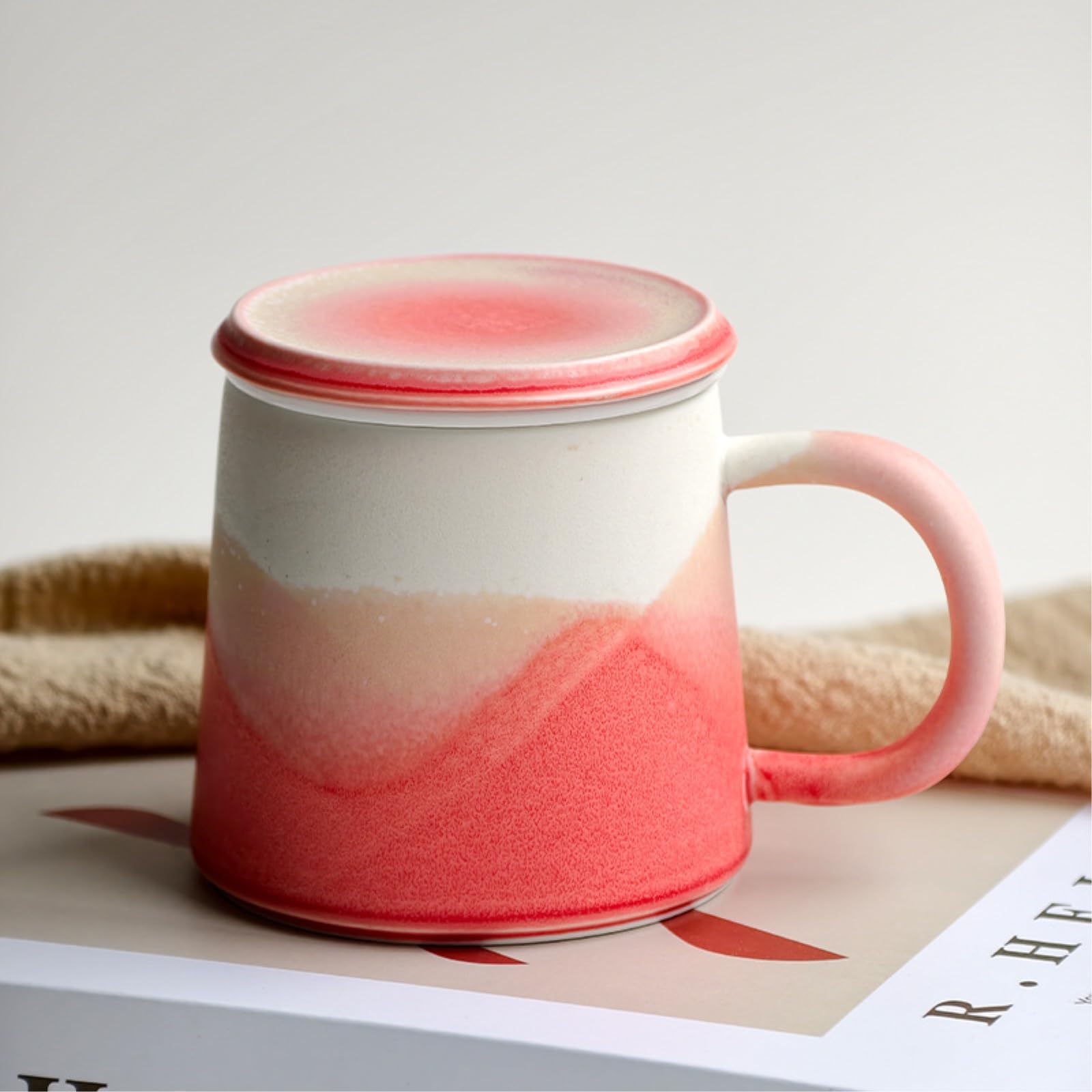 HJDMO - Taza de cerámica con tapa y colador, 350 ml, taza infusora de té azul degradado para té de hojas sueltas, taza de café grande para oficina y hogar, regalo único para ella