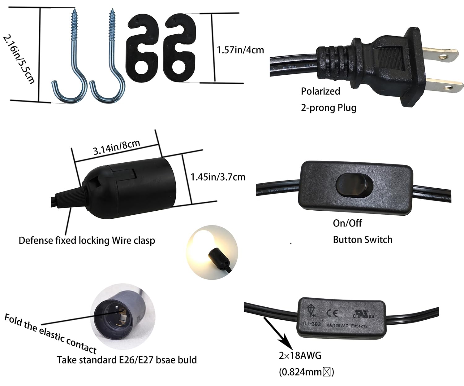 Soskakiist Lightingsky Verlängerungskabel zum Aufhängen von Laternen, Hängelampe, Kabel E26 Birnenfassung auf 2 Zinken, US AC Netzkabel mit An/Aus-Schalter UL gelistet, Schwarz, 8541688598