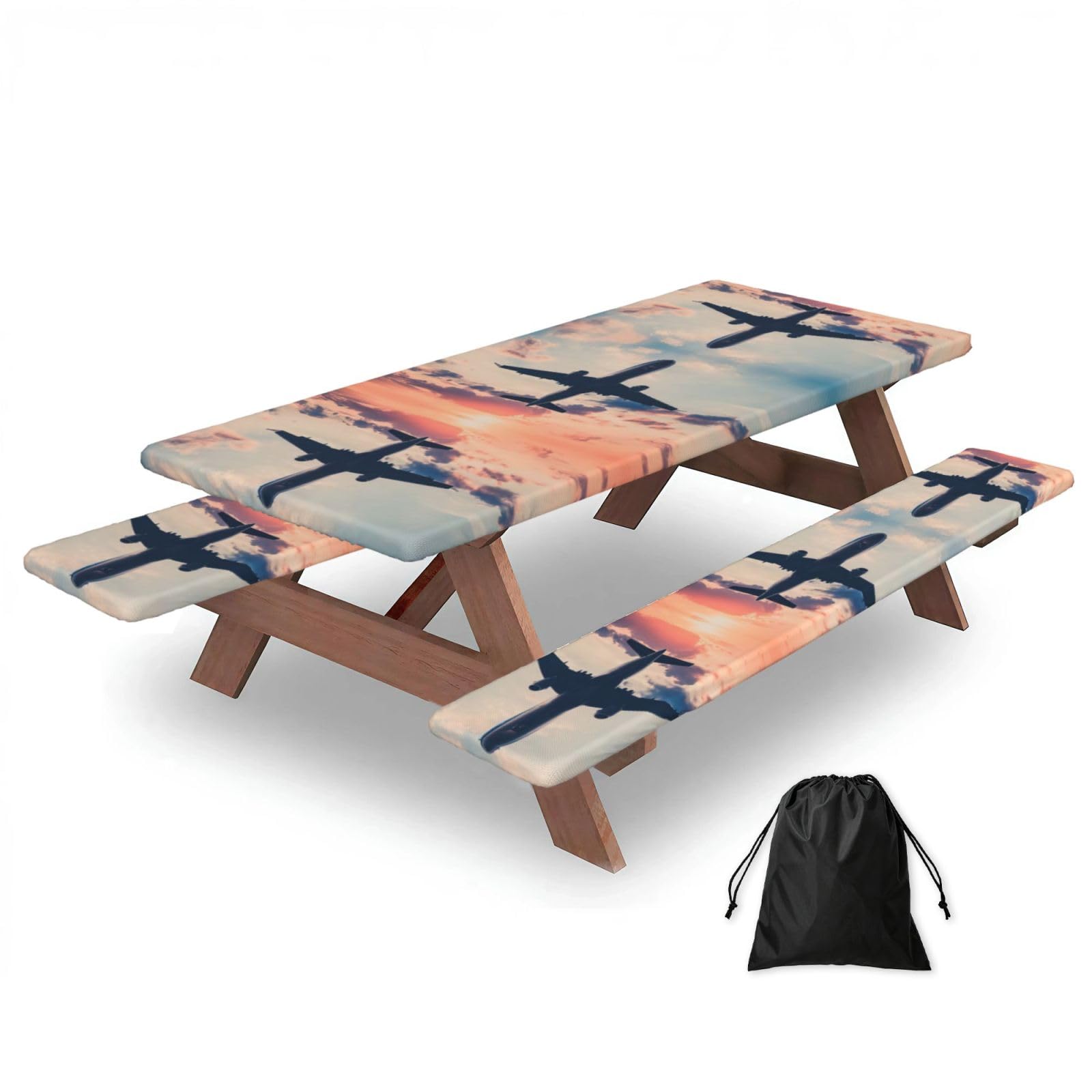 Zyjhyy Black Airplane Sunset Sky Print 3 Pack Wipeable Picnic Bench Cover And Table Cover Lightweight Table Cloth For Camping Outdoor