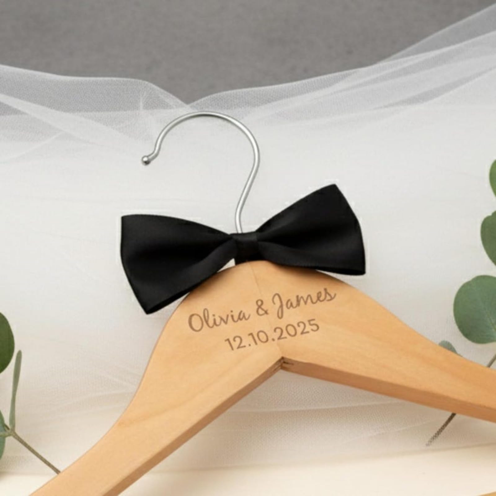 Personalized Wooden Bridal Party, Custom Engraved Name Premium White Hangers, Gift for Bride Hanger, Groom Hanger (Black)