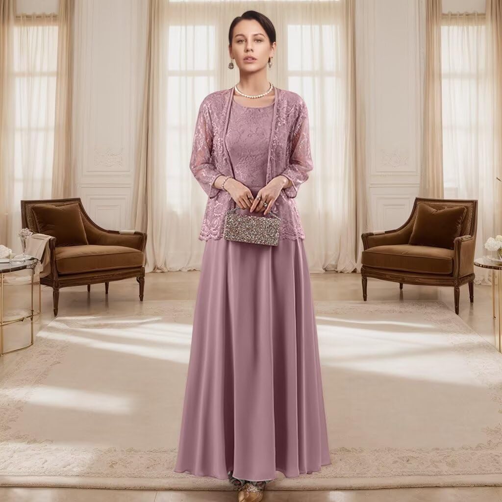 2 Pieces Mother of The Bride Dresses for Wedding with Jacket Lace Appliques Formal Evening Dress with 3/4 Sleeves