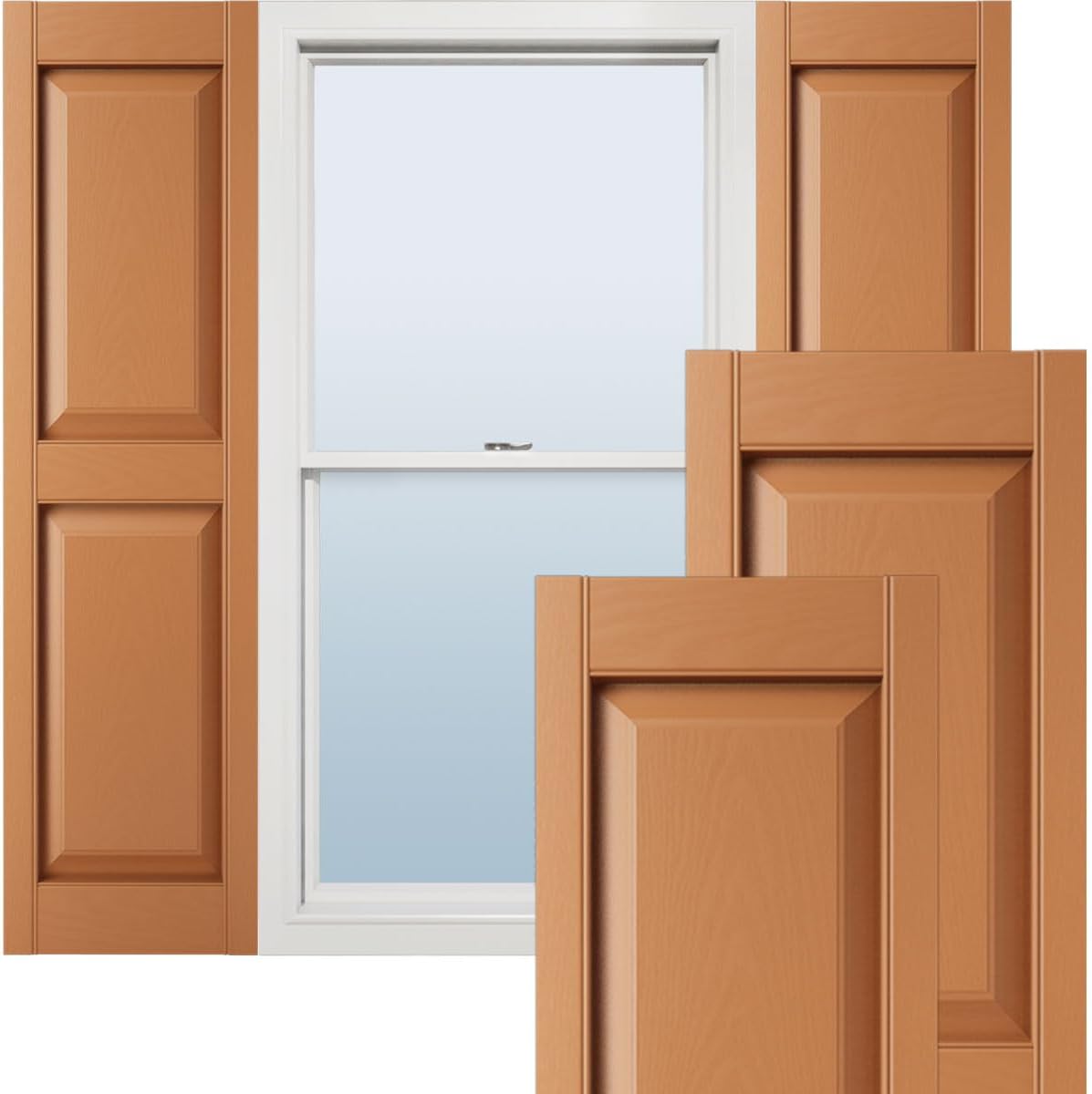 12"W x 63"H Lifetime Vinyl, Standard Two Equal Panels, Raised Panel Shutters, w/Installation Shutter-Lok's & Matching Screws (Per Pair), Treated Cedar 471 - Treated Cedar 12-in. W x 63-in. H