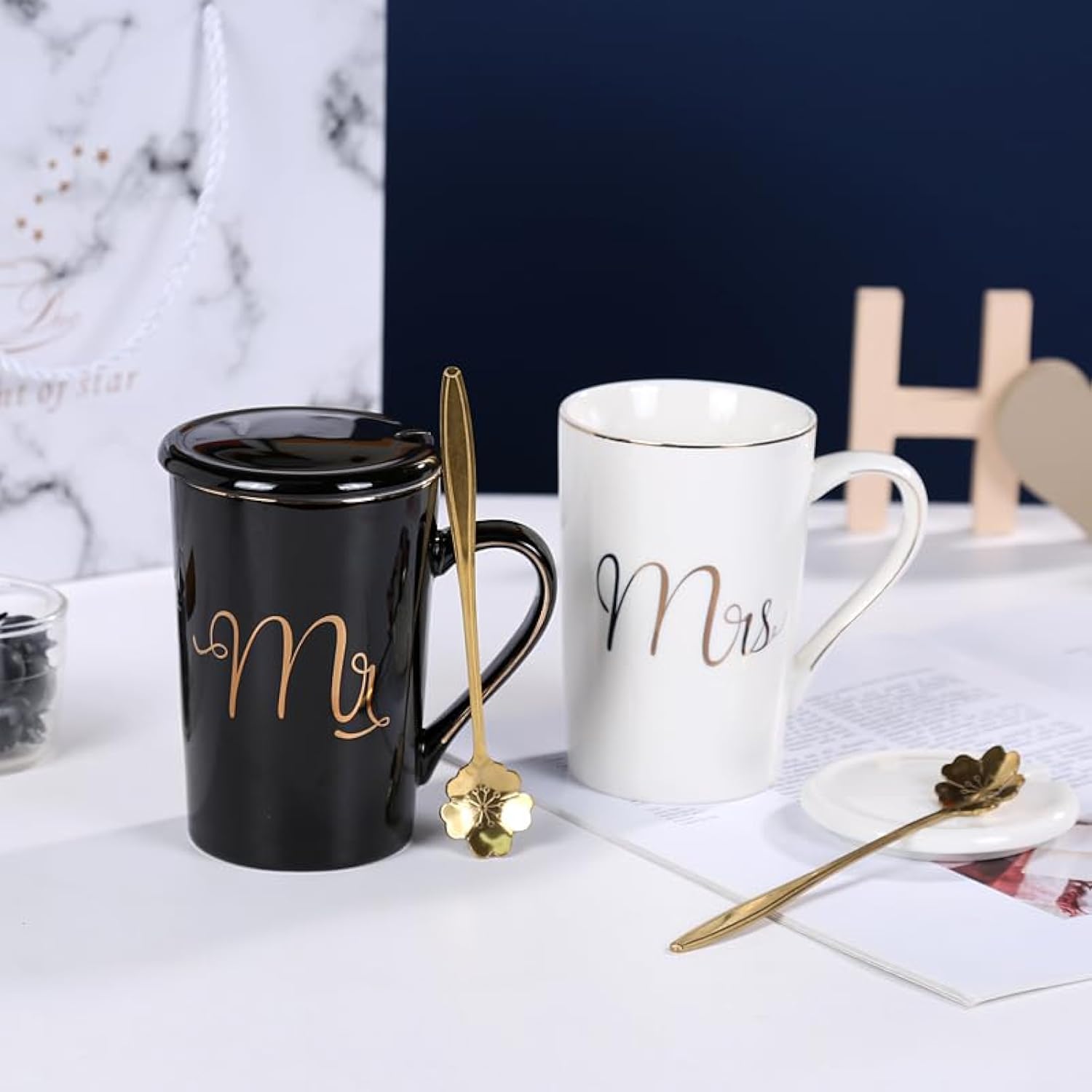 Mr and Mrs Coffee Mugs, coffee mug gift for couples, suitable for anniversary, birthday, engagement, wedding. Ceramic marble cup ((Mr. and Mrs. Black and White, 14OZ)