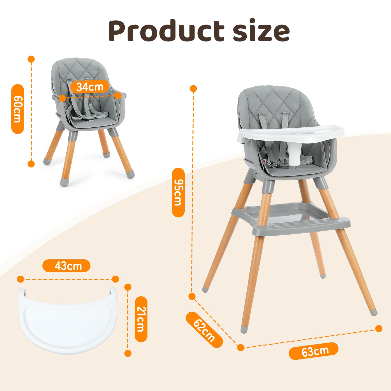 Ezebaby Chaise haute + rehausseur + chaise enfant + tabouret de bar, 6 en 1, multifonctionnelle, pieds en bois, à partir de 6 mois (Gris avec étagère)