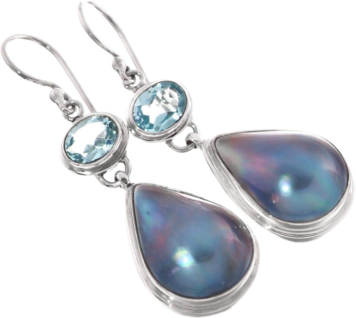 Teardrop Blue Mabe Cultured Pearl Blue Topaz 925 Sterling Silver Earrings, 1 3/8"