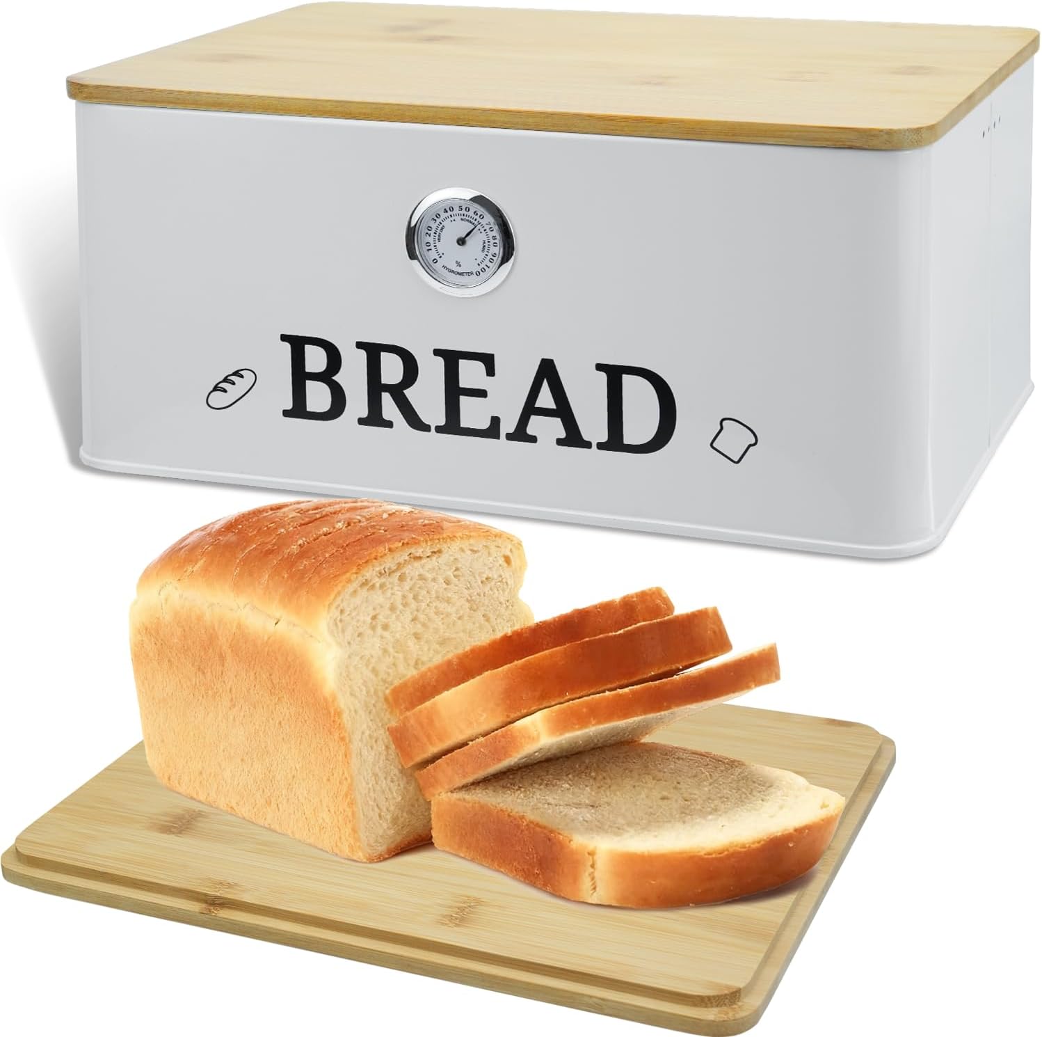 White Bread Box for Kitchen Countertop with Bamboo lid, Hygrometer Kitchen Organizer for Sourdough, Buns, and Loaves, Bread Storage Container with Cutting Board Lid
