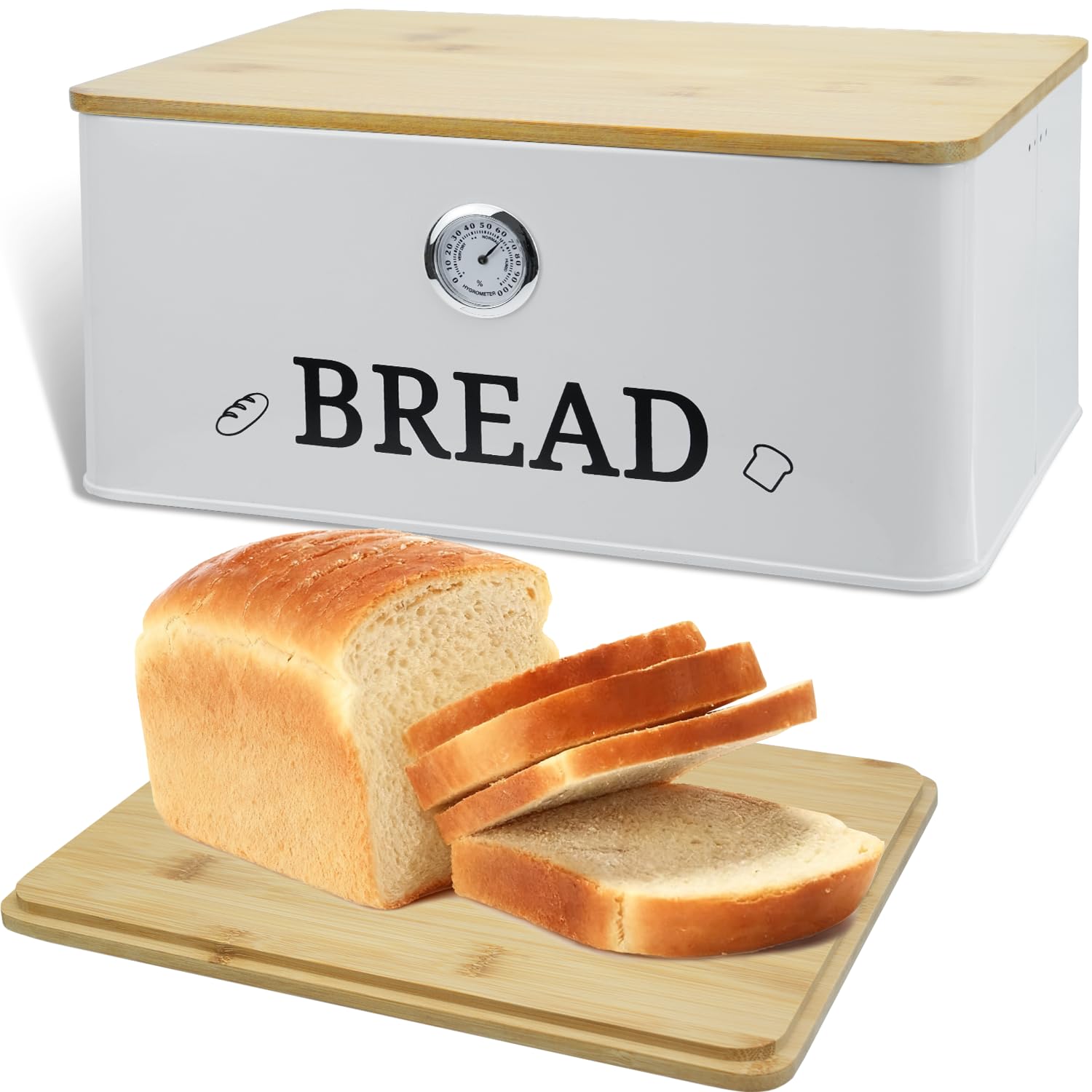 Boîte à pain en bambou et métal blanc de qualité supérieure avec hygromètre de précision