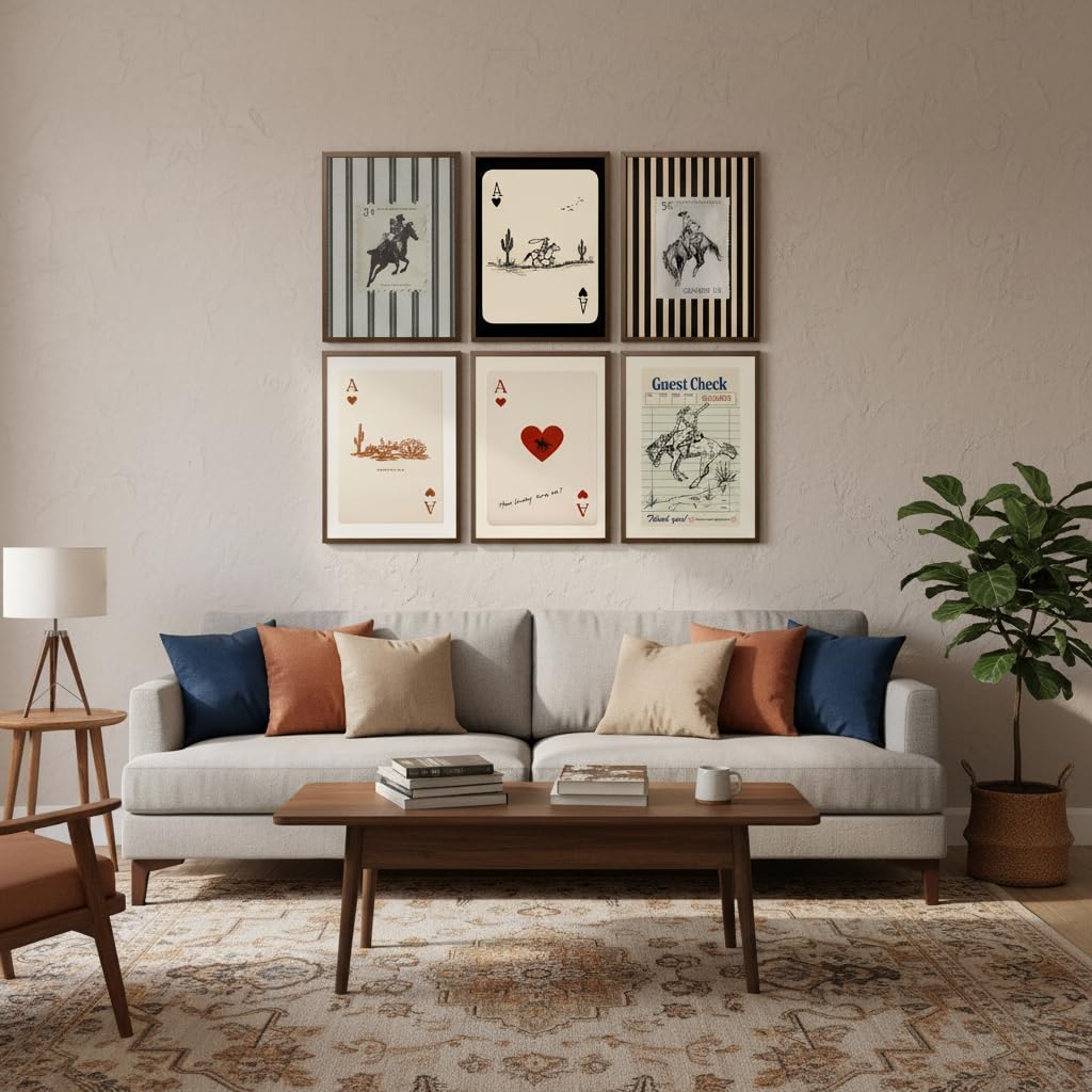 6Pcs Vintage Western Cowboy Canvas Wall Art Mid Century Striped Postage Posters Print Artwork Horse Playing Card Painting Pictures Wall Decor for Bedroom Living Room Home Decoration 12x16in Unframed