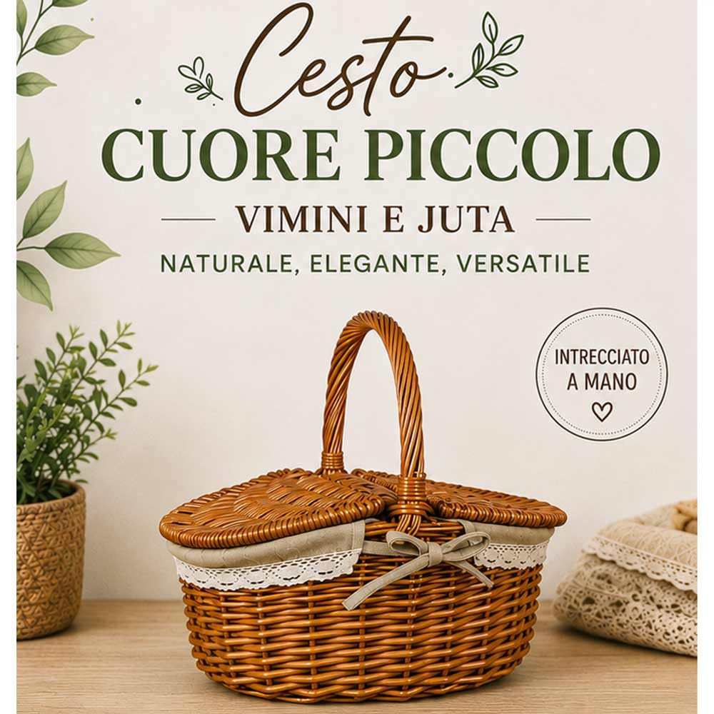 Cesta Picnic Corazón pequeño de mimbre y yute con tapa 35 x 25 x h 17 cm