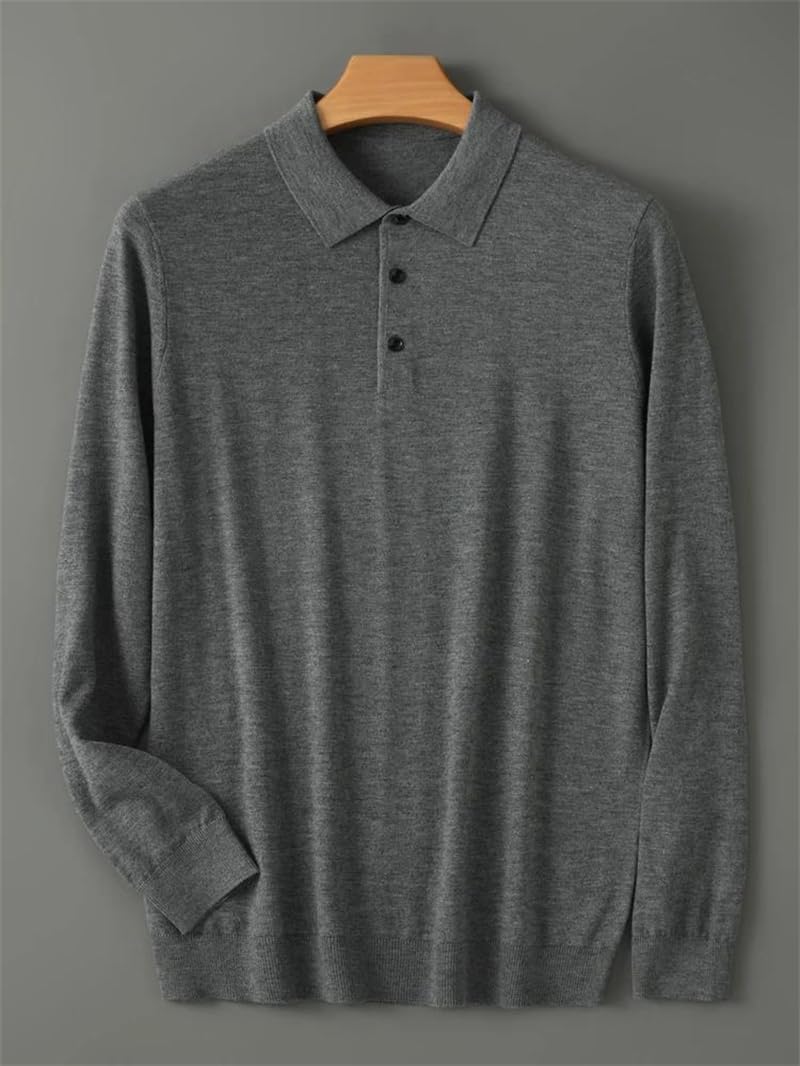 REHJJDFD Men's Merino Wool Sweater Long Sleeve Polo-Collar Knitted Pullover Thin Warm Jumper