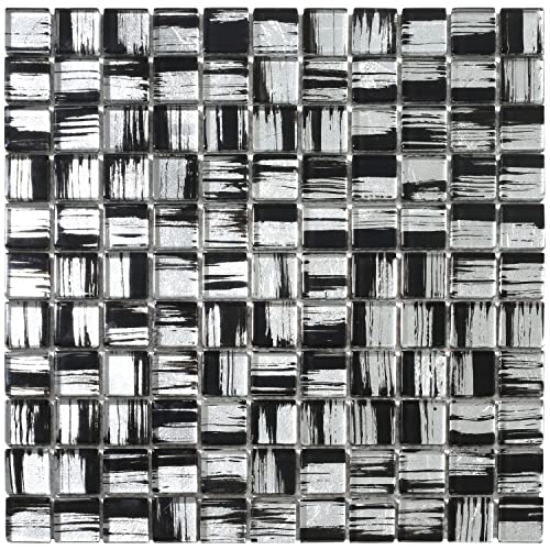 Parrotile Silver Glass Tile, 7/8 Inch Squared Black Glass Mosaic Tiles, 12X12 Inch Per Sheet Mesh Mounted, Mosaic Glass Tile For Kitchen Bath Shower Accent Wall Backsplash (Pack Of 5 Sheets) #TOP13