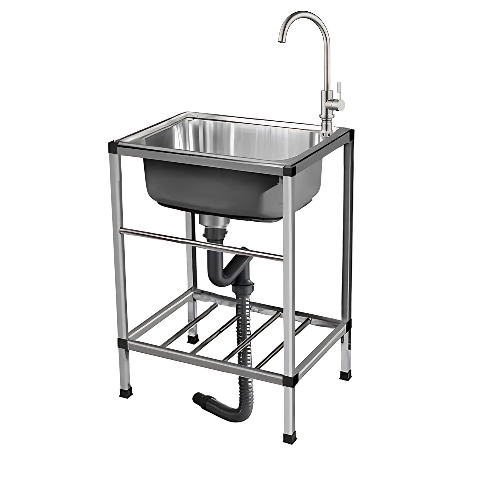 Évier de jardin en acier inoxydable avec robinet et étagère de rangement pour l'extérieur