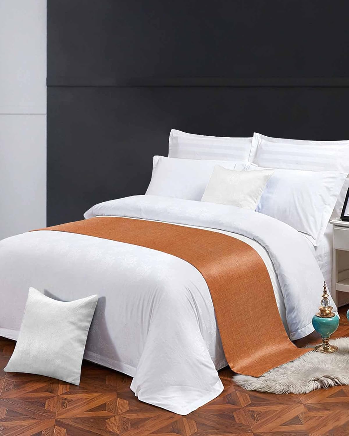 Vintage Orange Linen Burlap Bed Runners for Bedroom Hotel,Decorative Bedding Scarf Farm Fall Thanksgiving Bed End Blanket Bedding Runner Scarves for Full Size Bed,83x20in