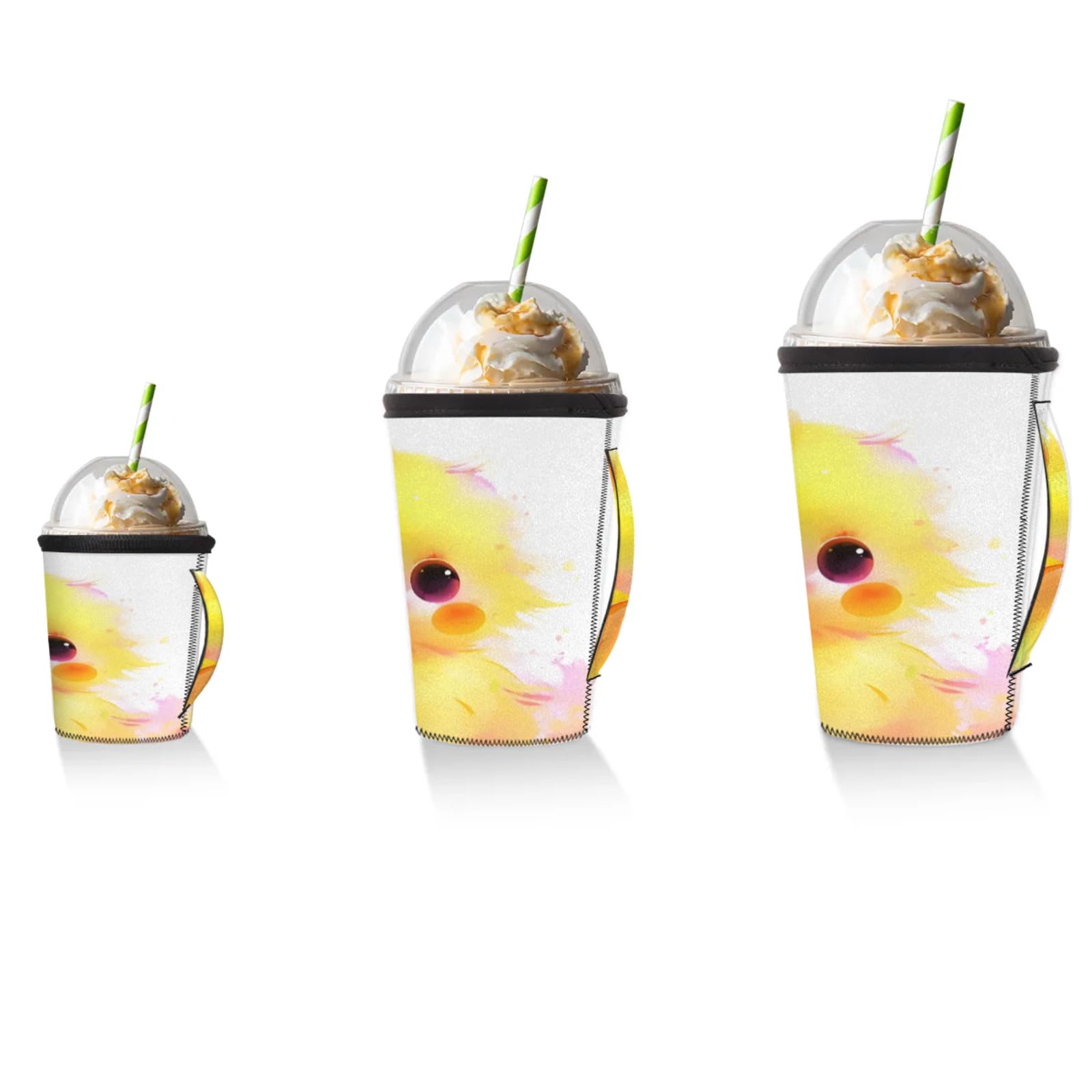 Cute Watercolour Chicken Reusable Neoprene Coffee Sleeve with Handle Insulated Iced Coffee Cup Holder Reduces Condensation Fits 24-28 oz Cups M