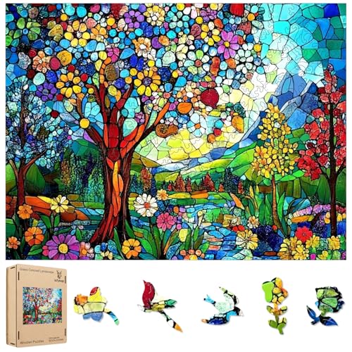 Ixfyloop Puzzle de Madera 500 Piezas Árbol de la Vida Rompecabezas Decorativo 14.2x18.9 pulgadas | Diseño colorido tipo vitral, piezas con corte láser de forma única de 3MM, decoración de pared, regalo para cumpleaños y vacaciones, juego familiar