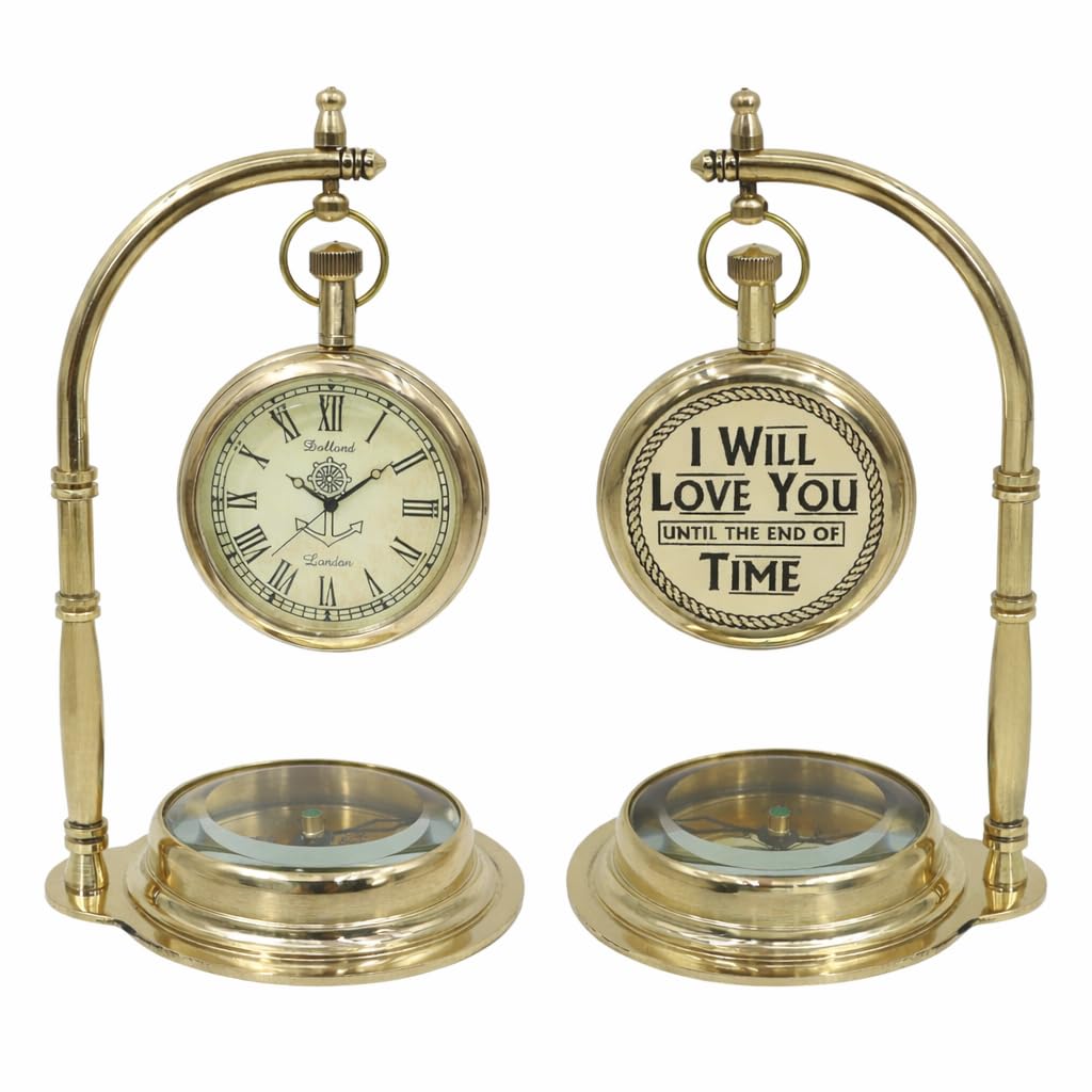 DOLLOND & CO. Personalised Desk Clock with Compass Base – Engraved Vintage Style Table Clock Ornament – Retirement, Birthday, Anniversary & Baptism Gift – Brass Metal Home & Office Decor (Brass)