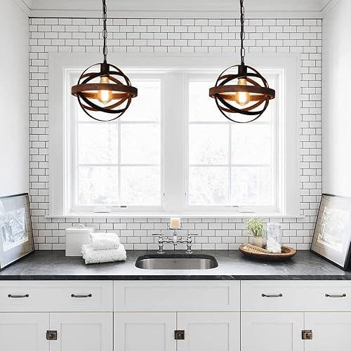 Miniatura 6 de Giluta Lámpara colgante de metal industrial de óxido con pantalla de vidrio semillado, lámpara colgante de granja de madera blanca para entrada,