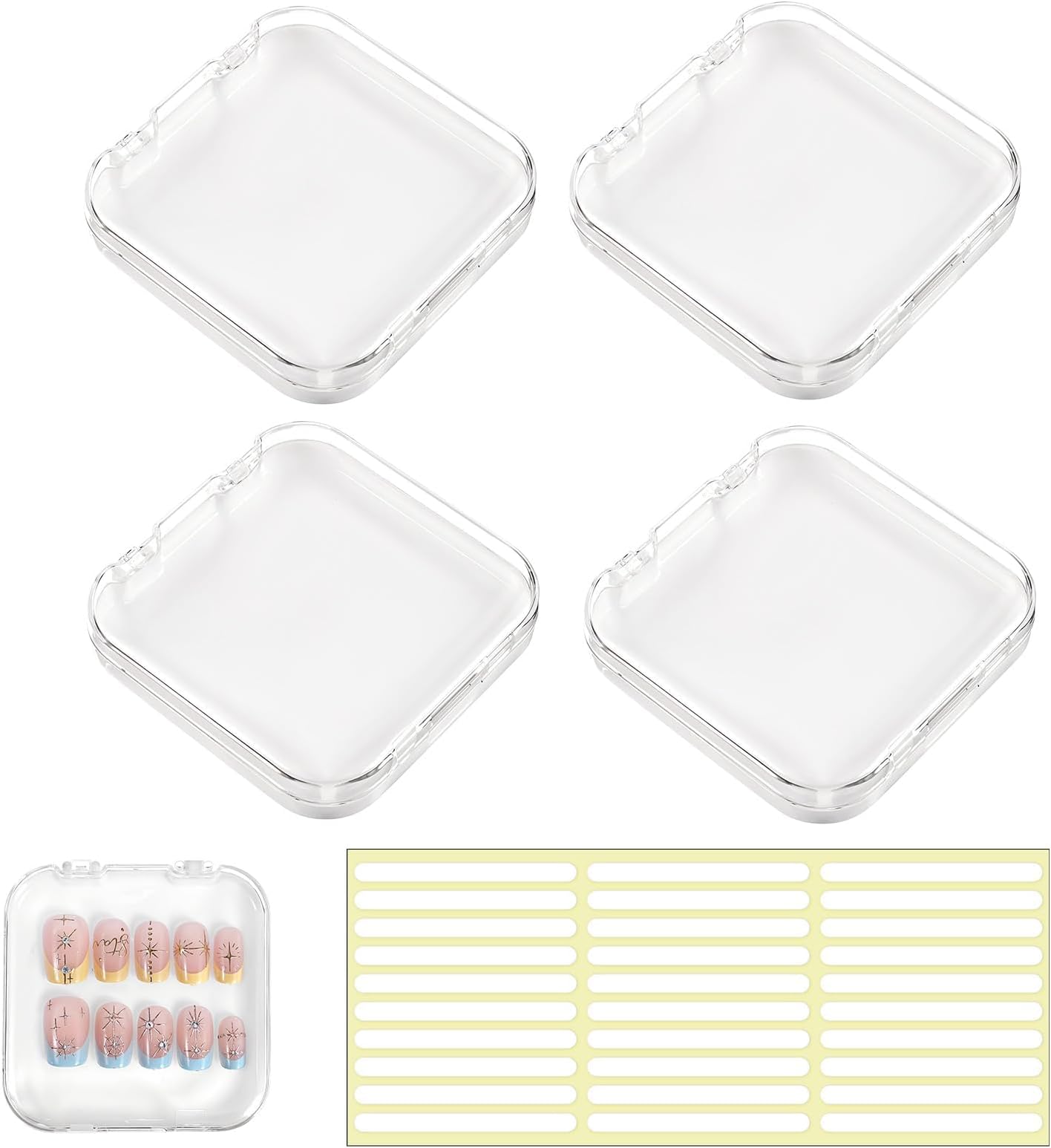 4PCS 2.95" Nail Art Display Box, Press On Nail Storage Box Acrylic Nails Display Boxes Clear Empty Plastic Nails Tips Storage Boxes with 45 Pcs Adhesive Double Sided Tape for Art Salon (White)