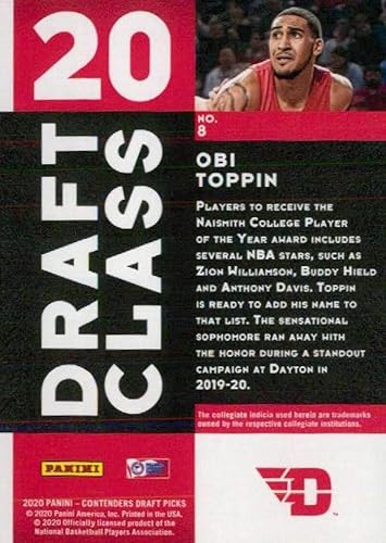 Miniatura 2 de 2020-21 Panini Contenders Draft Picks Draft Class #8 Obi Toppin Dayton Flyers RC Rookie Basketball Trading Card