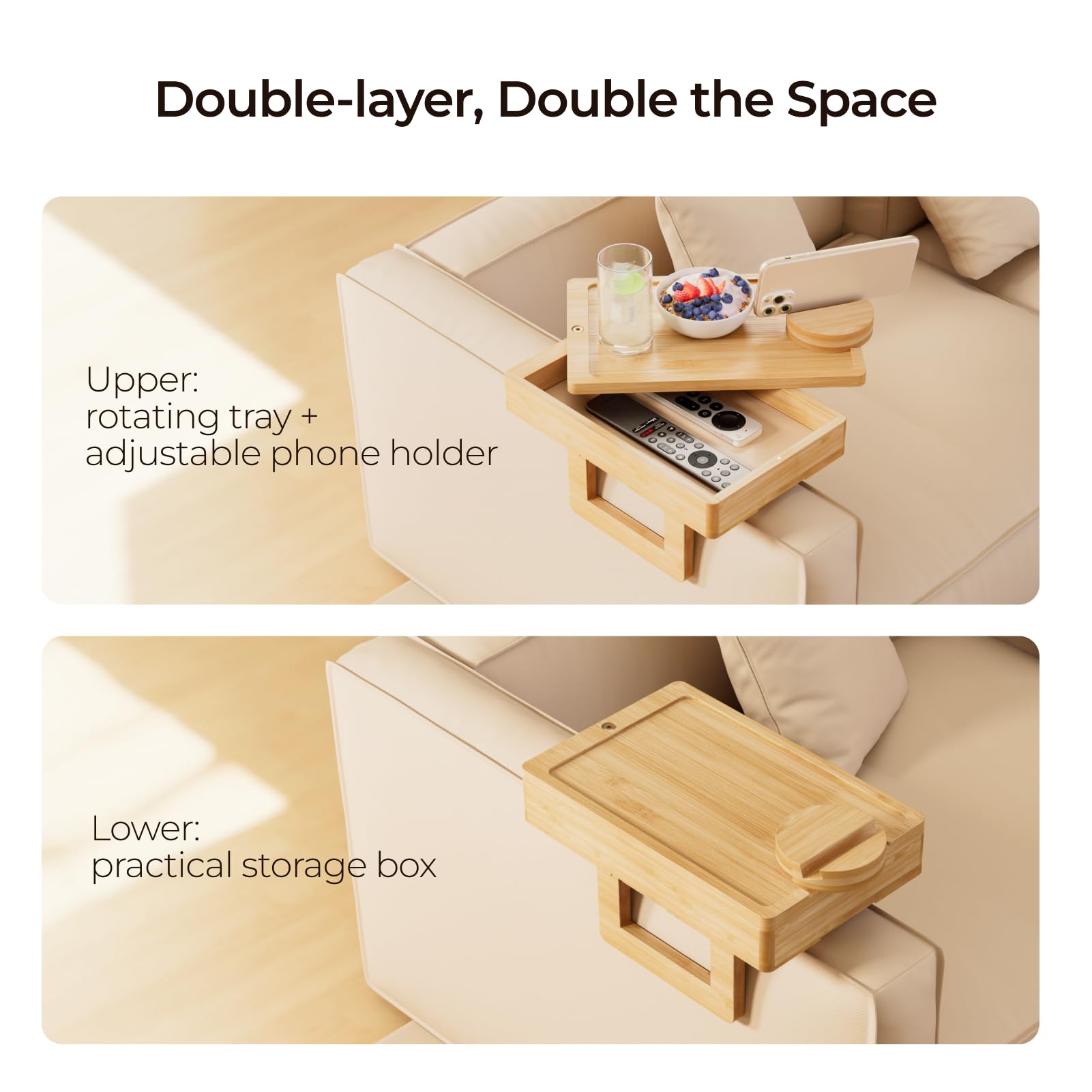 Wealone Mini Sofatablett, Couch Ablage für Armlehne mit Aufbewahrungsbox, Sofa Armlehnen Tablett, 360° Drehbarem Handyhalter, Bambus Tablett für Getränke, Snack, Armlehne ≤18 cm Breit