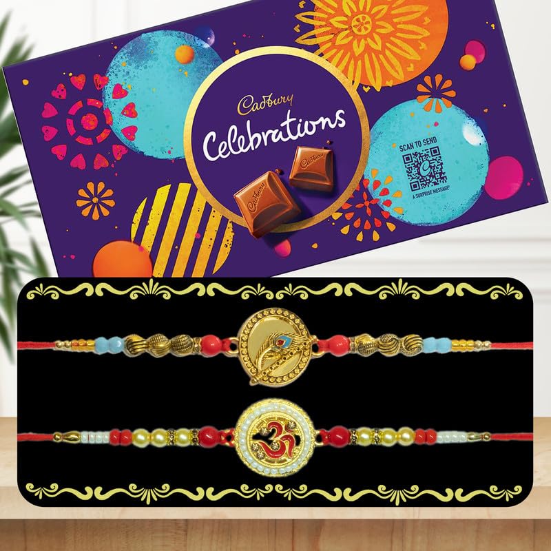 Image of Canton Rakhi Combo Gift Hamper Pack of 2 Rakhi For Brother With Chocolate, Rakhi With Cadbury, Greeting Card & Roli Tilak (Design-20, 2 Rakhi With Celebration)
