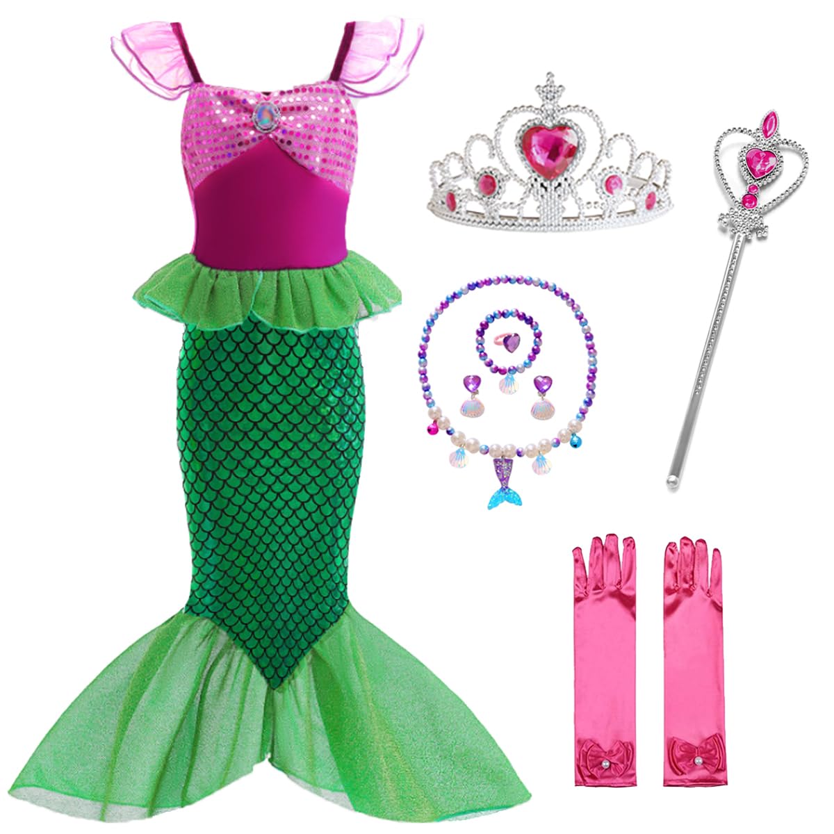 LiUiMiY Disfraz Sirenita Niña Vestido de Princesa Sirena Ariel con Accesorios Cumpleaños Carnaval Navidad