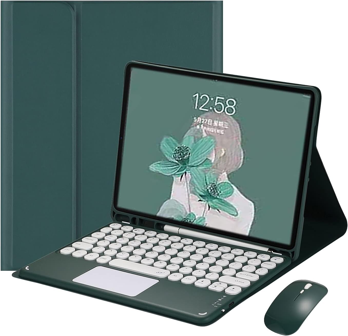 Keyboard Case Mouse for iPad A16 2025 (11th Gen, 11")/ iPad 10th Generation 2022 10.9" Case with Detachable Color TouchPad Keyboard Case Cute Round Key,DarkGreen