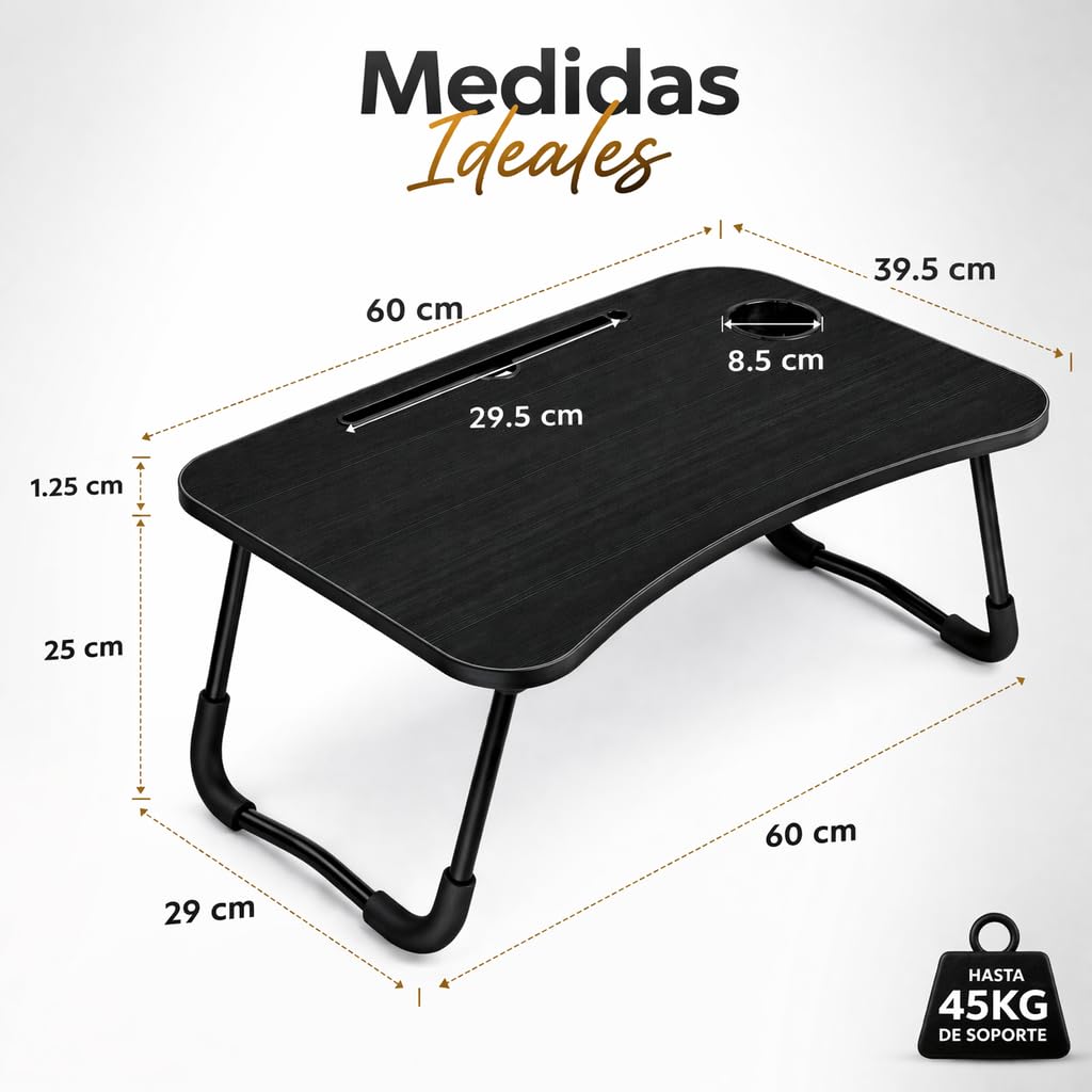 Mesa Plegable Auxiliar portátil pequeña. Mesita para Ordenador en Cama, Sofa, salón, Cocina, Suelo. Posavasos. Patas Antideslizantes. Ranura para Tablet y Pen. Superficie Texturizada. 60x40cm