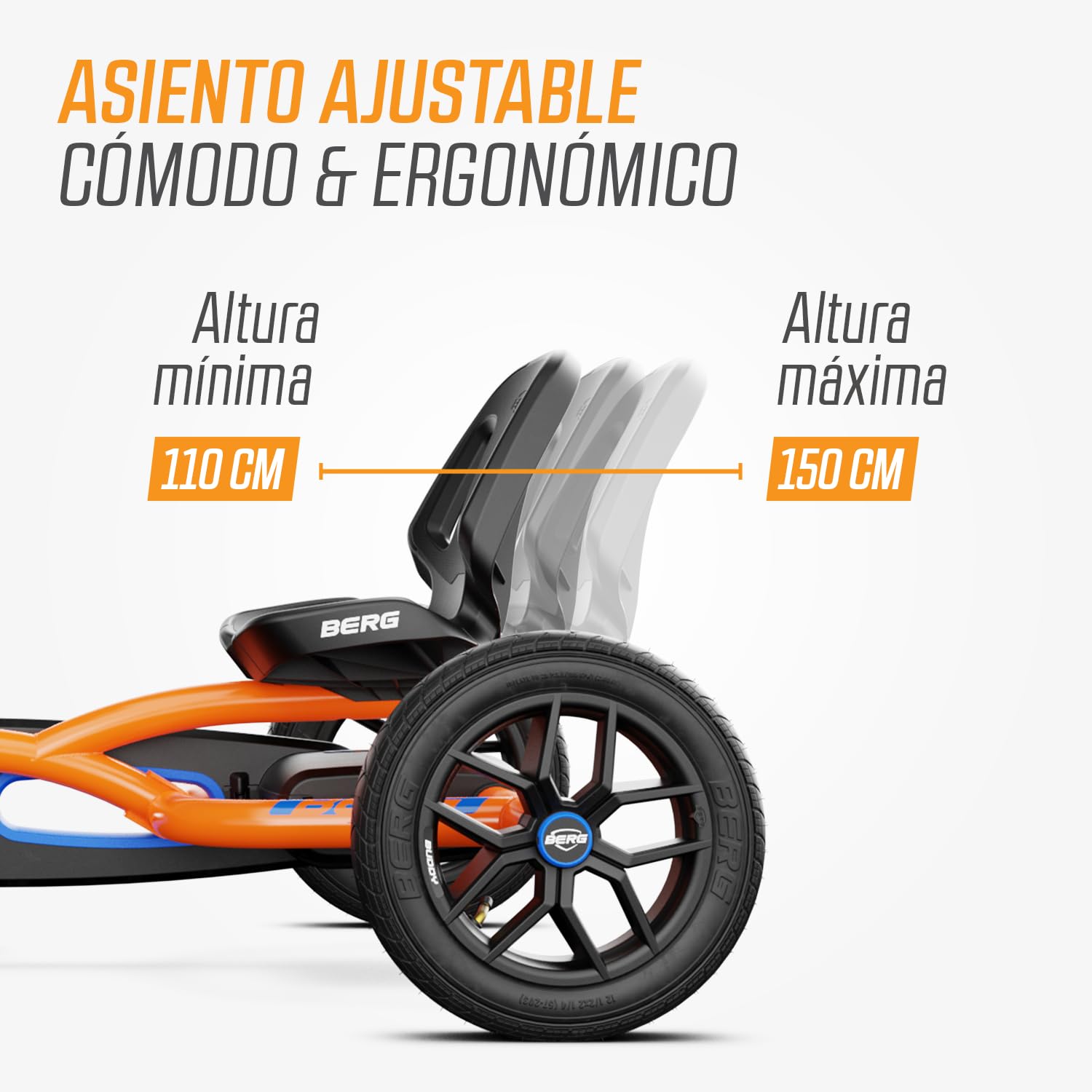 BERG Kart a Pedales Buddy B-Orange | 3-8 años, cuadro resistente, asiento regulable, volante regulable