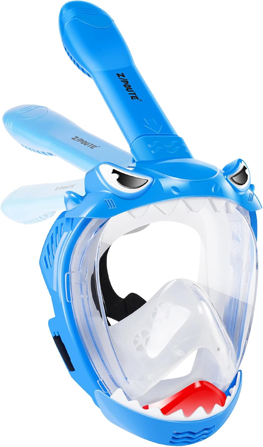 Full Face Snorkel Mask for Kids, Shark Shape Kids Snorkeling Set 180 Degree Panoramic View, Safe Anti-Leak Anti-Fog, Foldable Dry Top Snorkeling Gear for Kids Adult, Advanced Breathing System : Sports & Outdoors