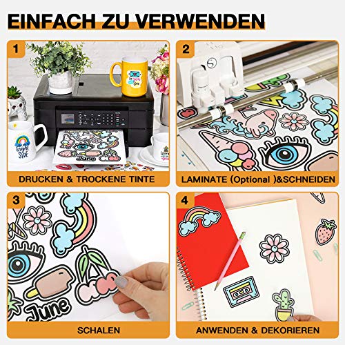 HTVRONT bedruckbares Vinyl für Tintenstrahldrucker & Laserdrucker – 40 Blatt glanzweißes bedruckbares Vinyl-Aufkleberpapier für Tintenstrahldrucker, 216x279 mm (140 g/m²)