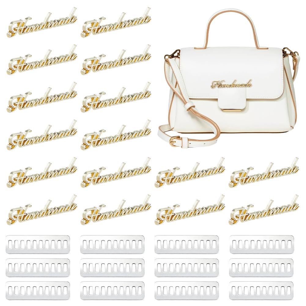 SUPERFINDINGS 16 Pcs Handmade Metal Labels 5.75x0.95cm Handmade Metal Tags with Shim Golden Crochet Hand Made Printed Labels Alloy Handmades Label Signs Tags for DIY Craft Making Shoes Purses Bags