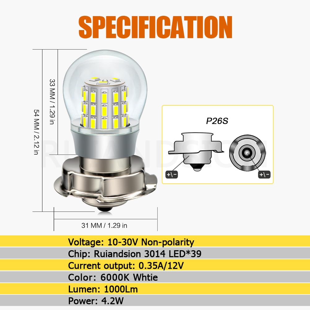 Ruiandsion P26S LED Lampadina Moto Bianco 6000K 3014 LED Chip 39SMD 10-30V per Fendinebbia o Luci Diurne Moto Confezione da 2