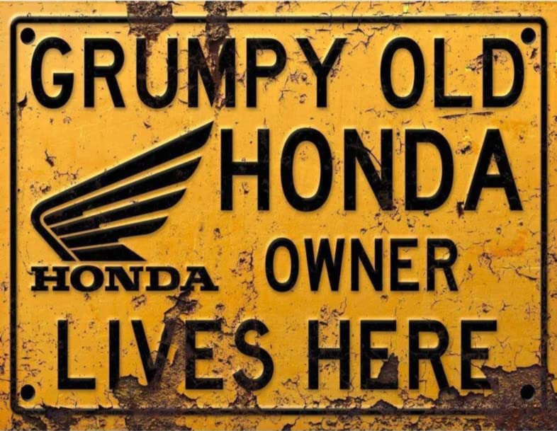 Vintage Rustic Advertising Retro Wall Tin Plaque 20x15cm - Pub Shed Bar Man Cave Home Garage Kitchen Gift Metal Sign - Grumpy Old inspired HONDA Owner Lives Here, yellow