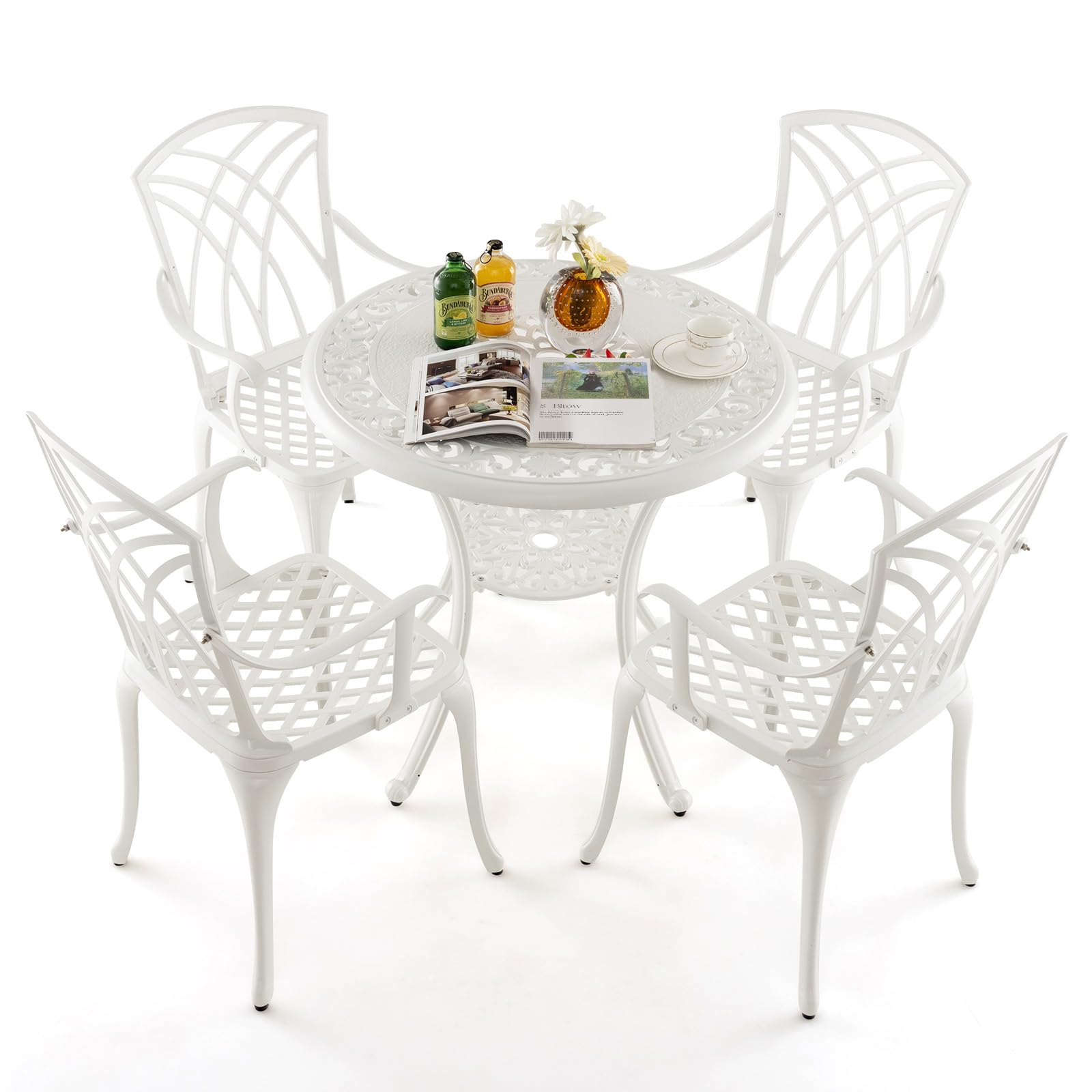 GIANTEX Soggiorno da giardino esterno, tavolo da giardino con sedia in ghisa di alluminio, tavolo da bistrot 5 pezzi per 4 persone, foro dell'ombrellone Dia.5 cm, tavolo rotondo per terrazza, balcone