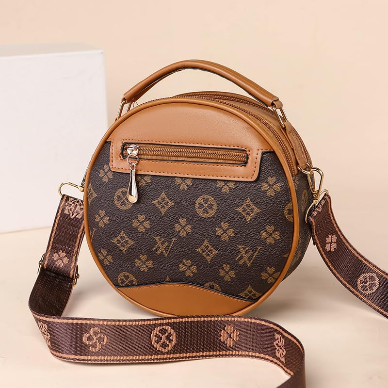 Round Crossbody Handbag, Canvas Pattern Print with Brown Leather Trim, Shoulder Strap, Small Circle Purse，Kanmi style2