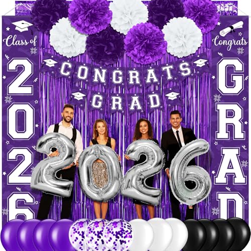 Image of Graduation Party Decorations Class of 2026, Graduation Decorations with Congrats Grad Banner Fringe Foil Curtain Paper Flower Ball Balloons for High School College Graduation Party Supplies, Purple
