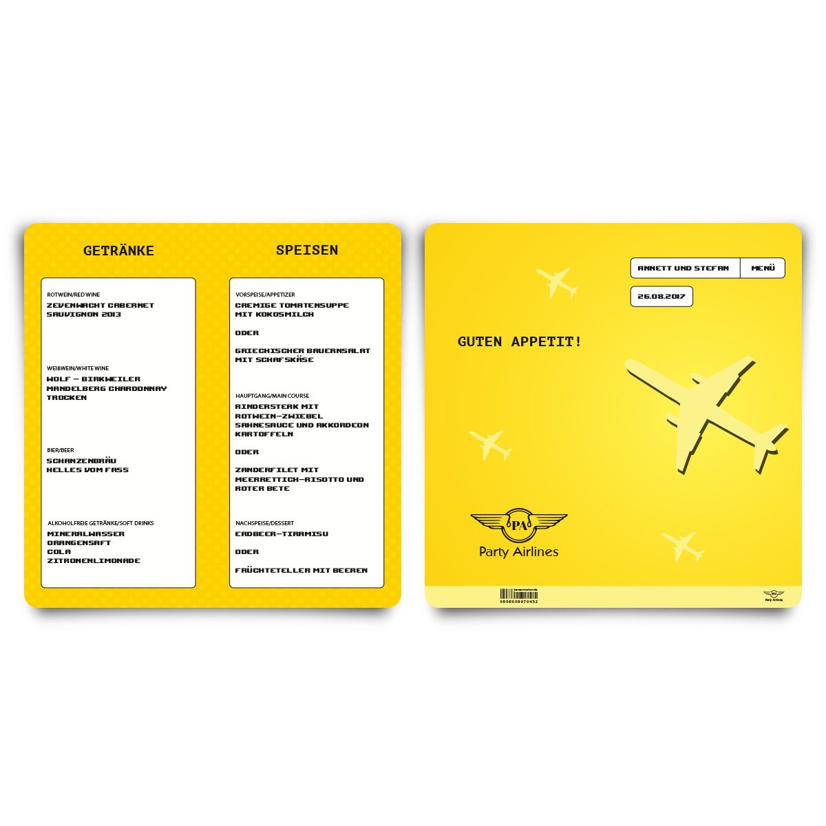 Menükarten Hochzeit (100 Stück) - Flugticket Motiv - Speisekarte Getränkekarte in Gelb