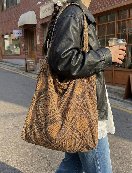 Image of 2026 Corduroy Tote Bag with Zipper Large Casual Handbags Shoulder Purse for Women