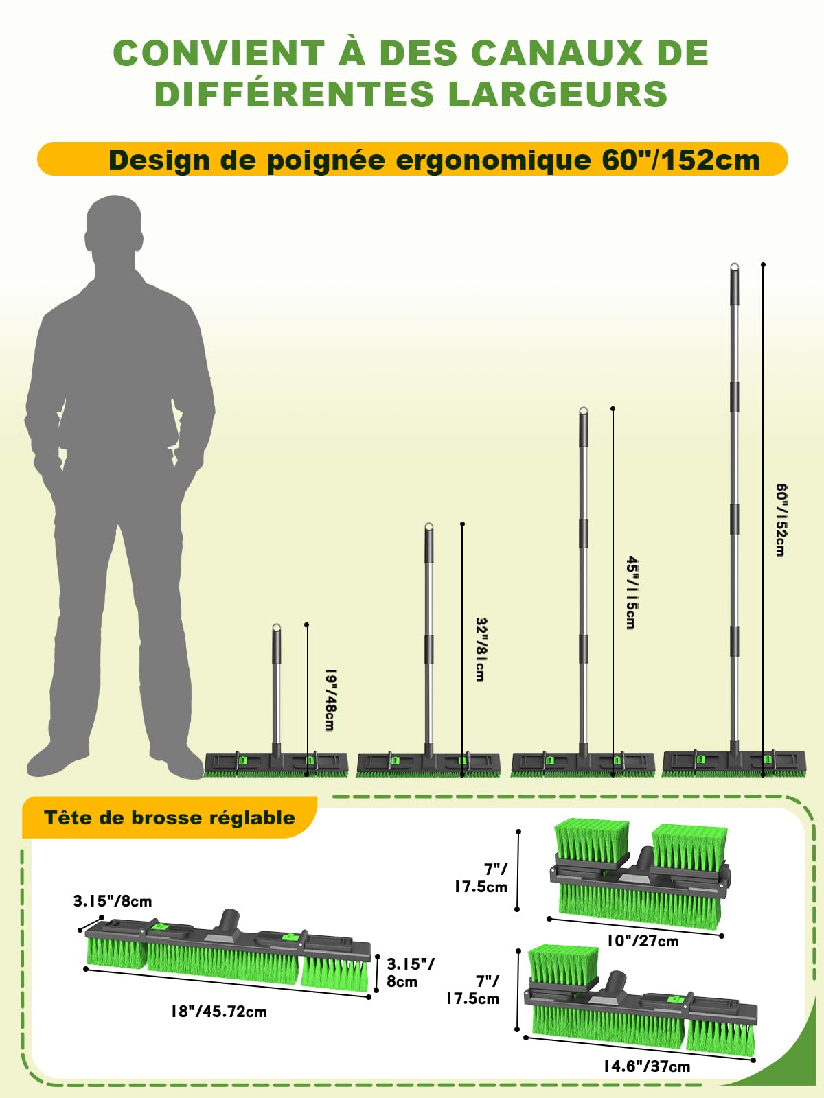18 Pouces/45cm Grand Large Réglable Résistant Balai à Pousser Extérieur Tête de Brosse Rigide avec Manche Fileté à 4 Sections 152cm pour Entrepôt Allée Garage Terrasse Trottoir Atelier Nettoyage