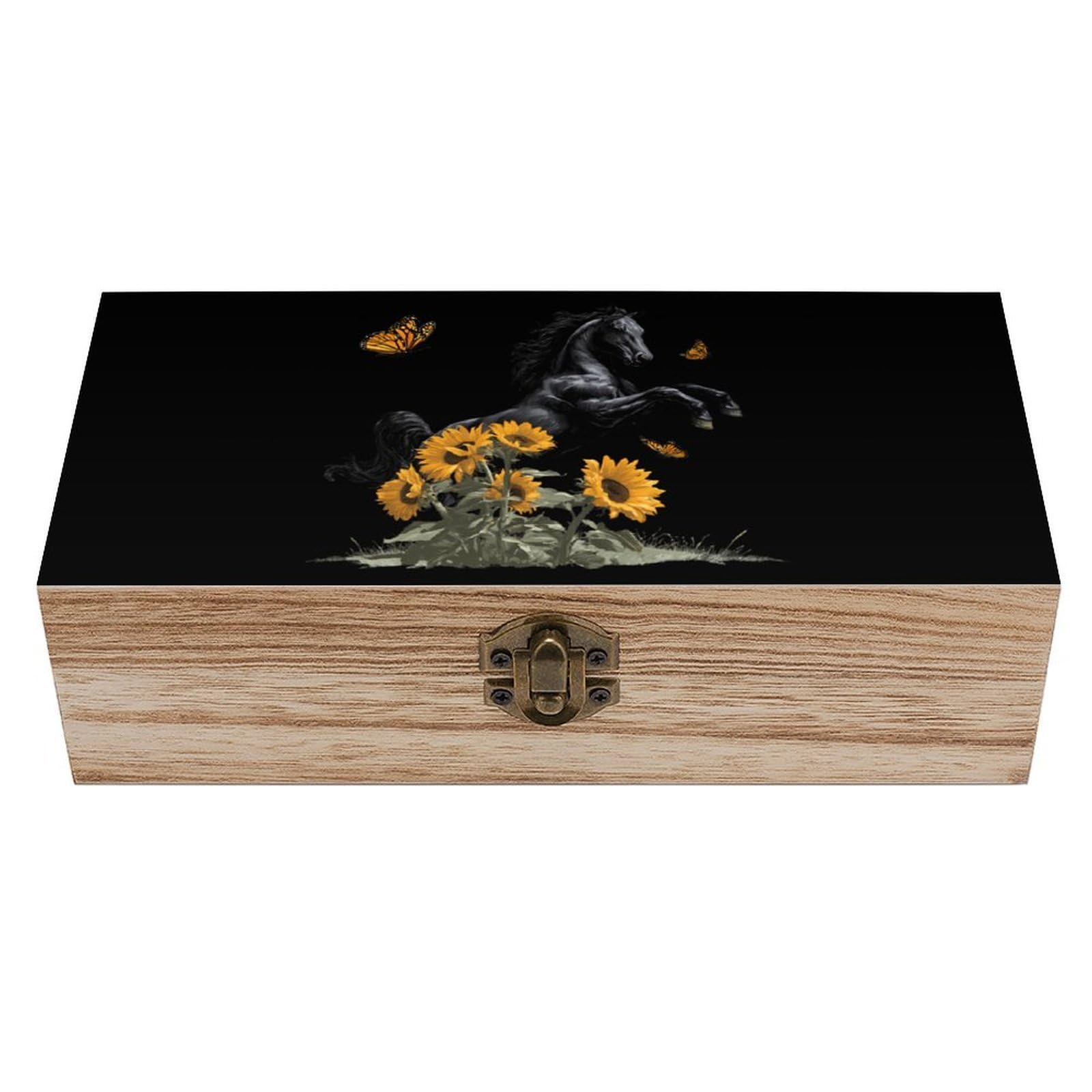 HLBSDM Black Horse Sunflower Wooden Box with Hinged Lid Decorative Storage Case Container
