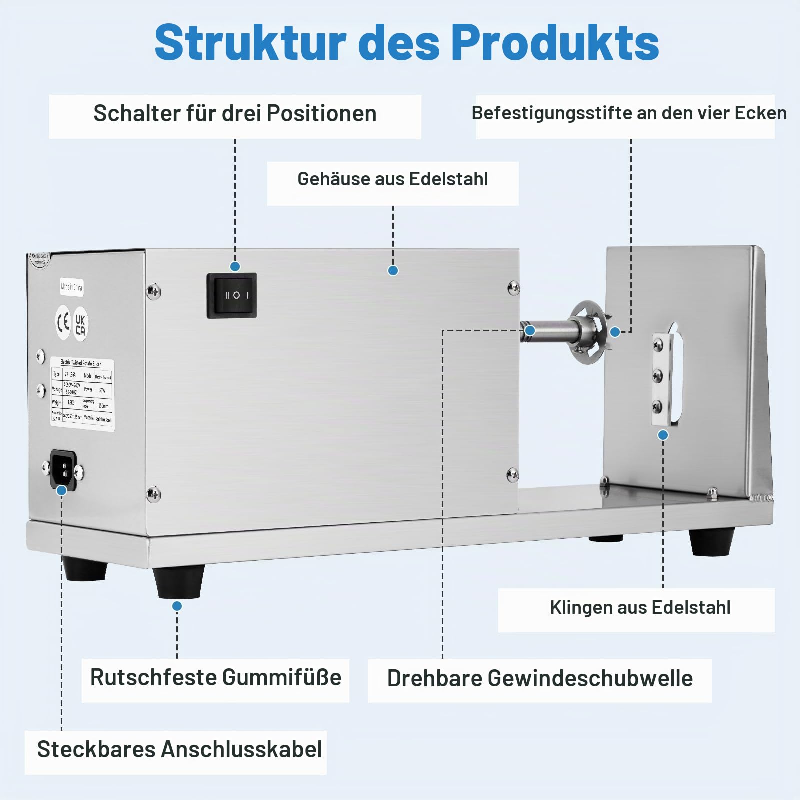 MXBAOHENG Elektrischer Tornado Kartoffelschneider 50 W Gewindelange 15 cm