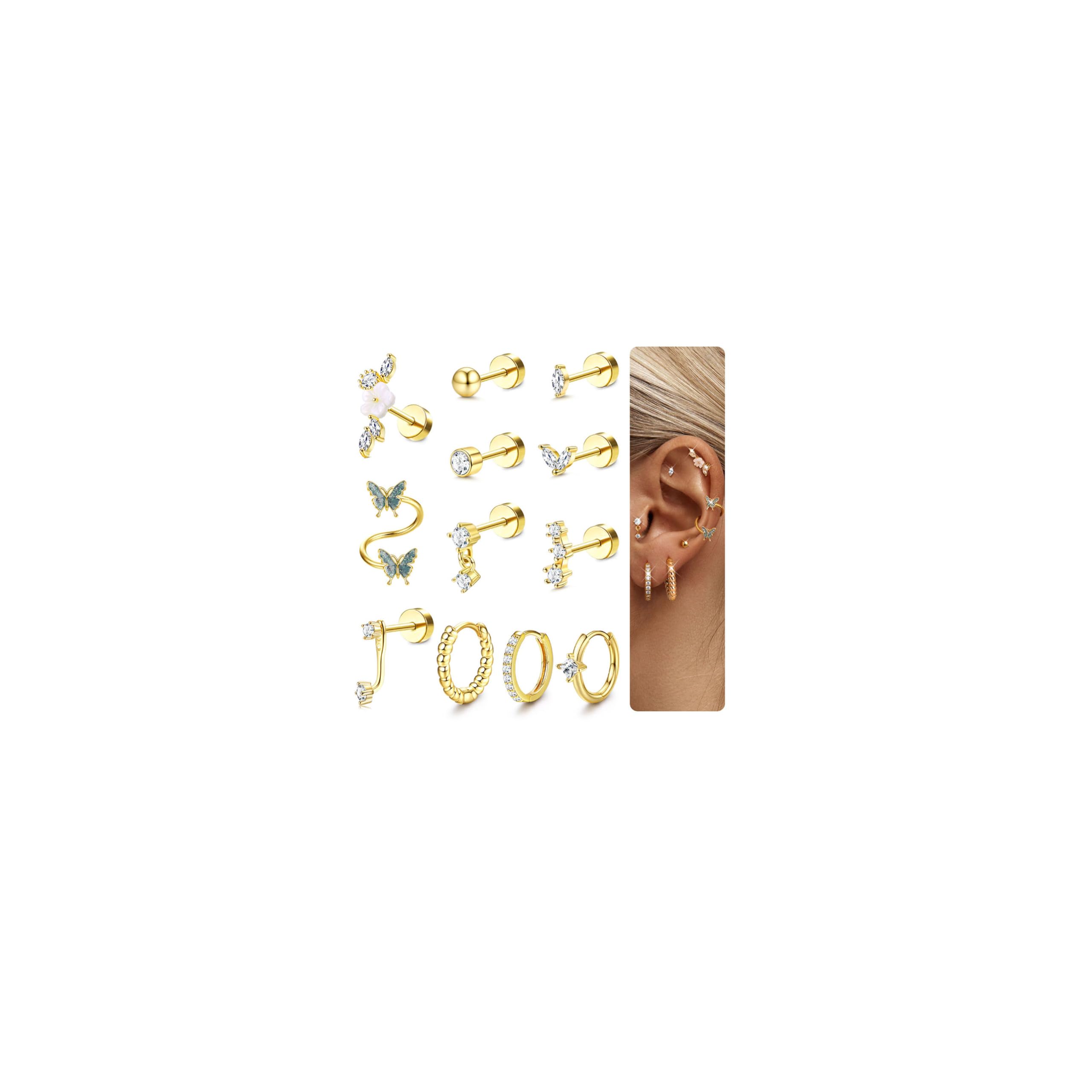 HMJGDHX 12 sztuk Helix Piercing biżuteria srebrne złote kolczyki dla kobiet chirurgiczne stalowe kolczyki z płaskim tyłem Rook Daith Conch Tragus Piercing biżuteria małe Helix Hoop kolczyki na
