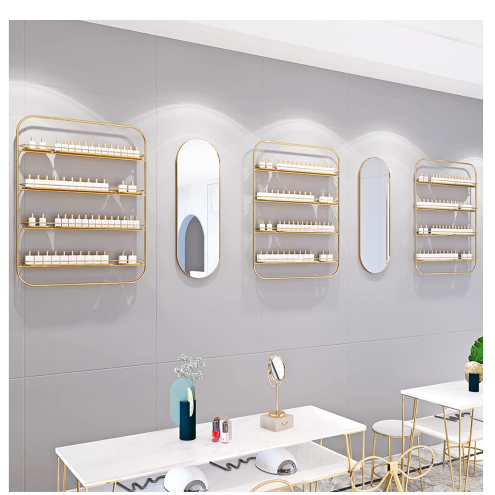 Espositore da parete per portasmalto in metallo a 4 strati, espositore per bottiglie di smalto, scatola per salone di bellezza, espositore combinato per cosmetici (set da 5 pezzi oro)