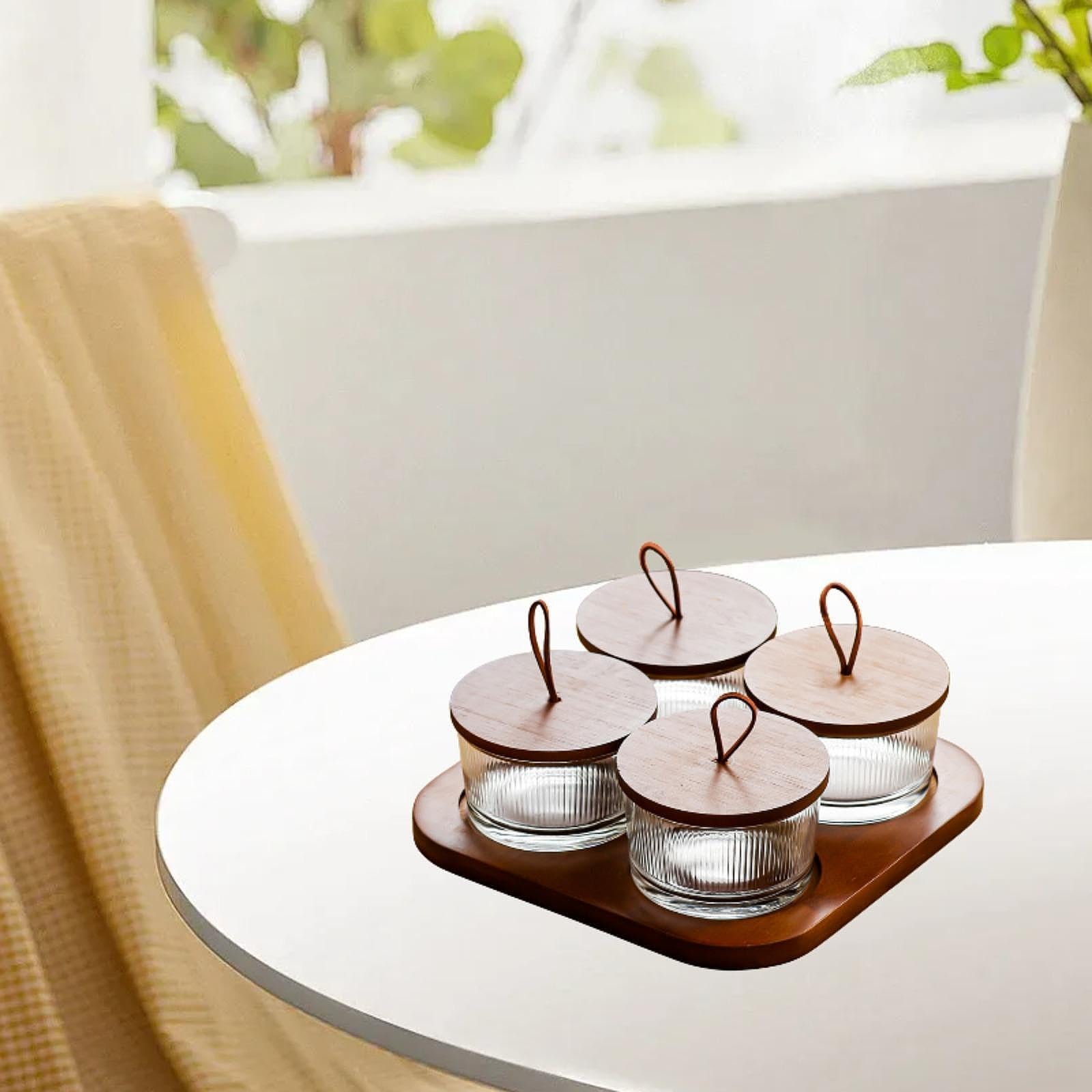 Servierschale mit Deckel Und Unterteiltem Design Perfekte Holz Glas Snackplatte Fruchtteller für Küche Restaurant Wohnzimmer Und Büro, 4 Gitter