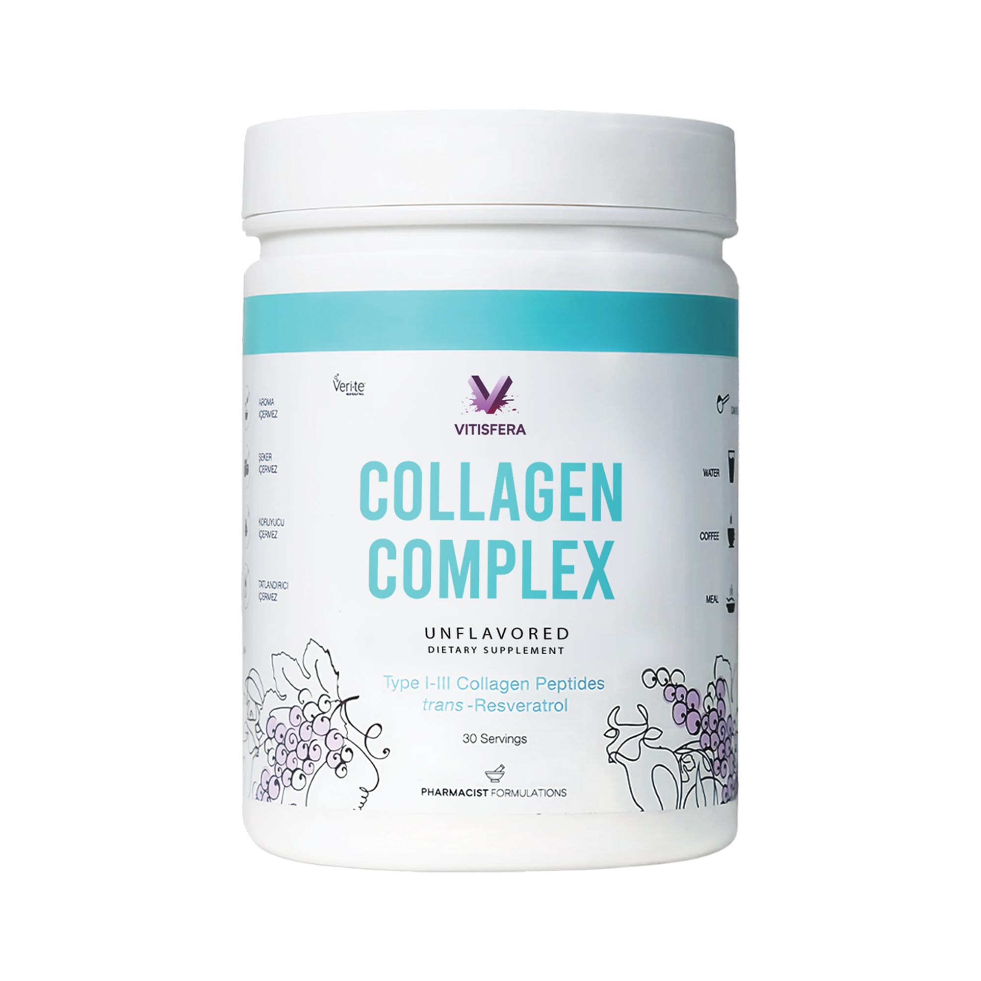 Vitisfera Collagen,%100 Saf Doğal Tip I-III Çift Hidrolize Kolajen Peptitleri + Trans Resveratrol, Toz Form, 30 Ölçek, Aromasız, Sığır Kolajen