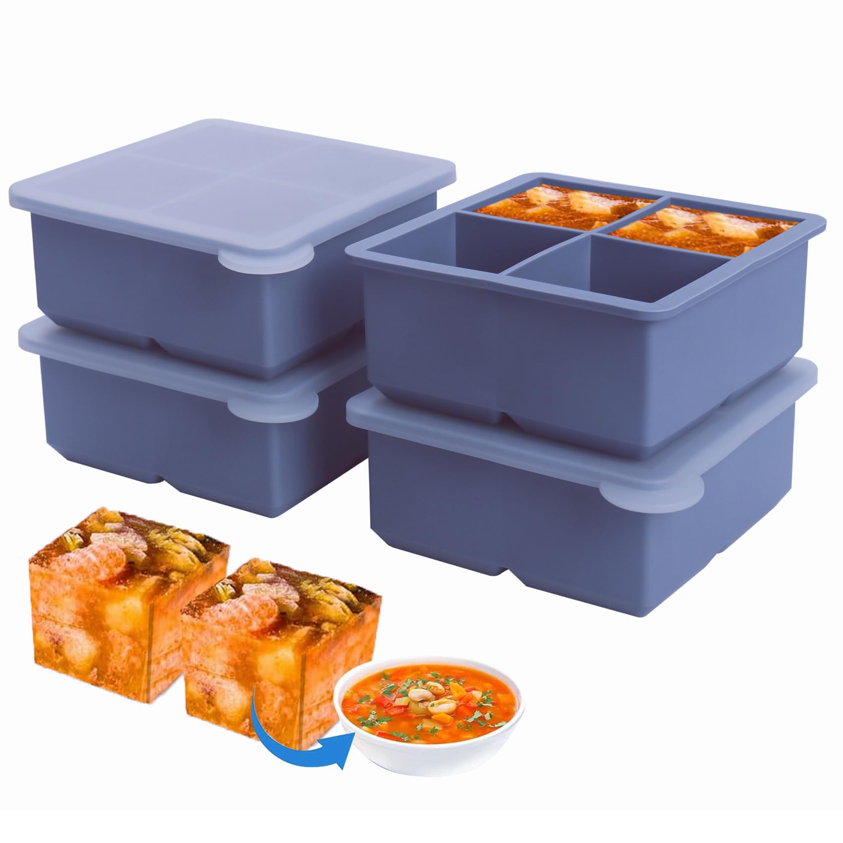 Lot de 4 plateaux de congélation en silicone de 1/2 tasse avec couvercle – Moules de congélation en silicone pour la préparation des repas et la congélation de diverses sauces et autres plats, fait 16