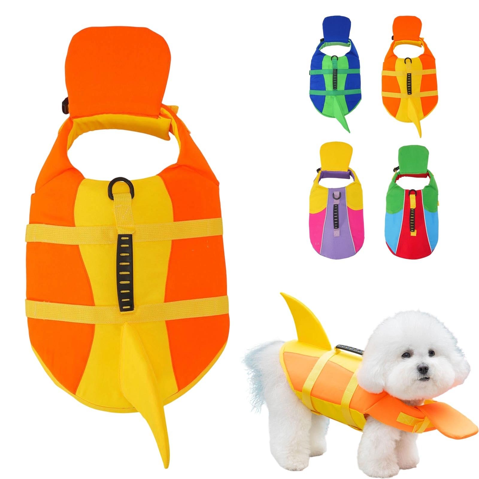 Dog Life Jacket Shark Fin Design, Adjustable Reflective Flotation Safety Vest with Rescue Grab Handle, High Buoyancy Costume Coat for Small Medium Large Dogs, Pool Sea Beach Boating Water Training