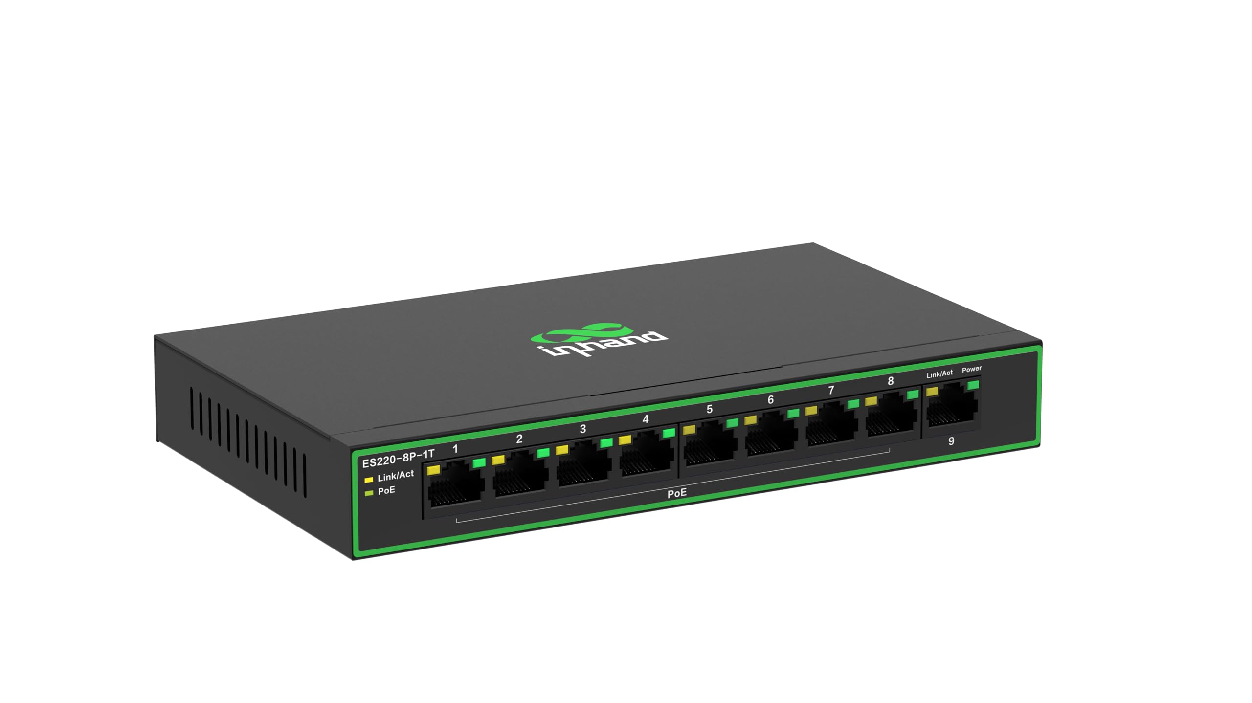 InHand Networks Switch di rete Gigabit,9 Porte Gigabit Porte con 8 PoE+ fino a 120W,ogni porta fino a 30 W,Plug & Play,scatola in metallo ad alta dissipazione del calore con spina di alimentazione EU